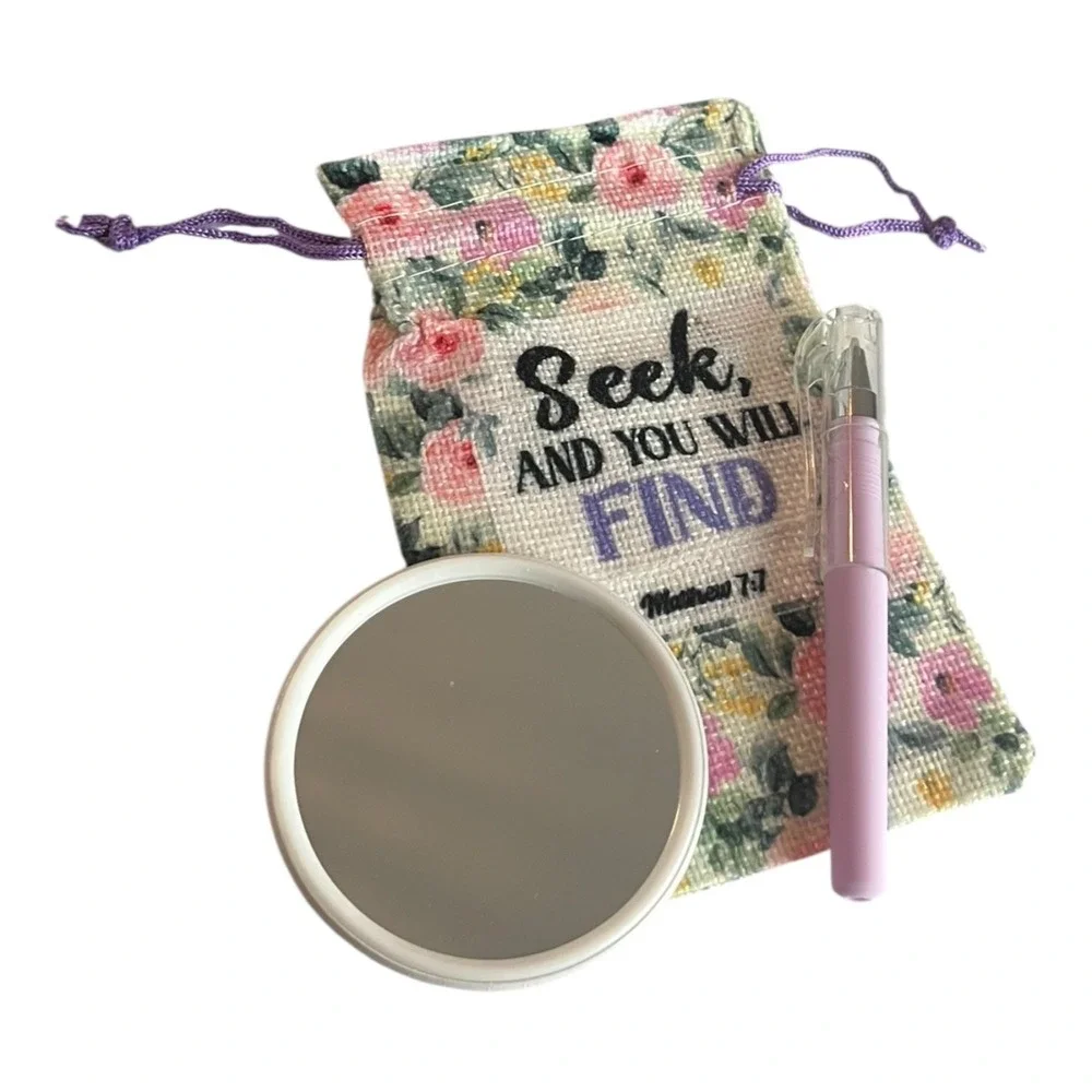 Inspirational Faith Gift Set Floral Drawstring Bag Compact Mirror Pen